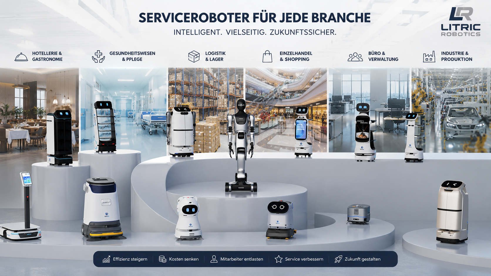 Uebersicht_Keenon Serviceroboter von Keenon für Hotellerie und Gastronomie, Gesundheitswesen und Pflege, Logistik und Lager, Einzelhandel, Büro und Produktion